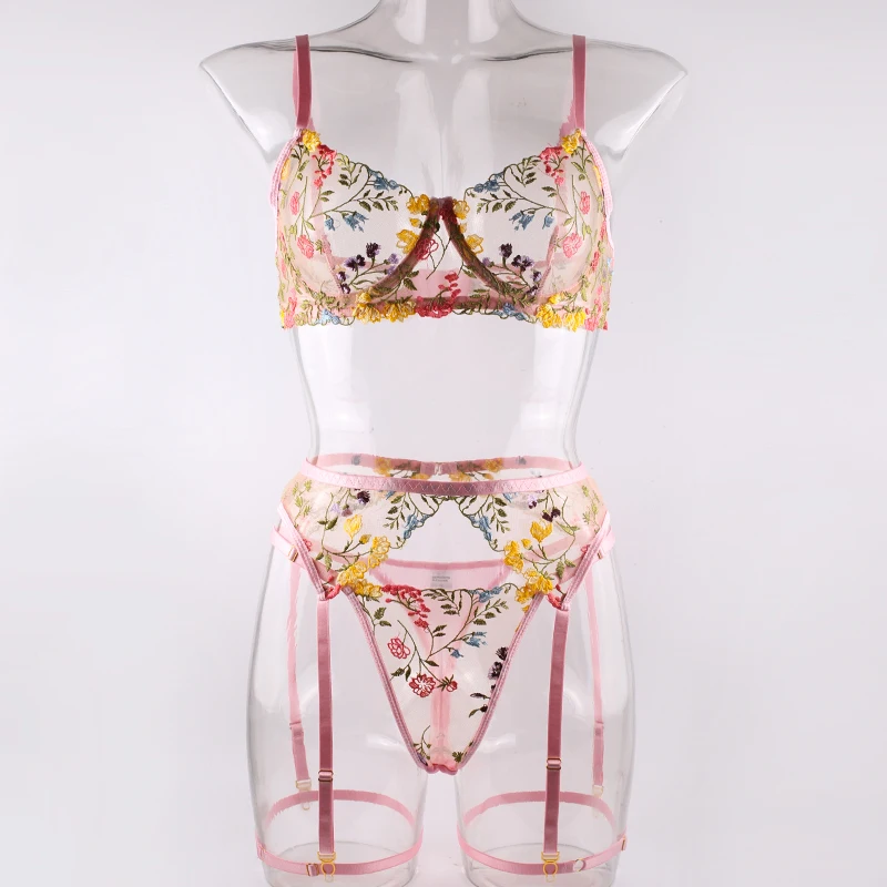 Ellolace Lingerie Sensual Lace Underwear Transparent Embroidery 3-Piece Garters Fancy Beautiful Short Skin Care Kits Intimate