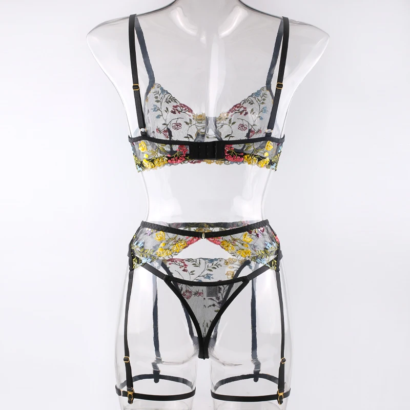 Ellolace Lingerie Sensual Lace Underwear Transparent Embroidery 3-Piece Garters Fancy Beautiful Short Skin Care Kits Intimate