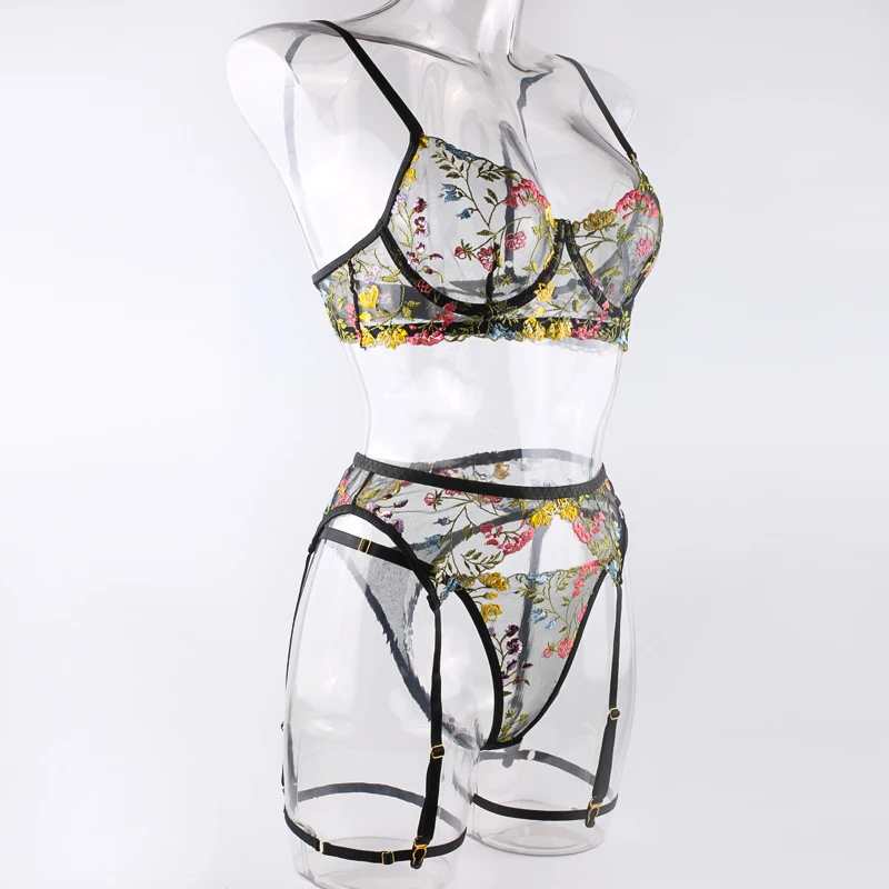Ellolace Lingerie Sensual Lace Underwear Transparent Embroidery 3-Piece Garters Fancy Beautiful Short Skin Care Kits Intimate