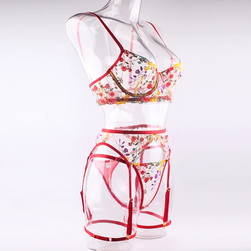 Ellolace Lingerie Sensual Lace Underwear Transparent Embroidery 3-Piece Garters Fancy Beautiful Short Skin Care Kits Intimate