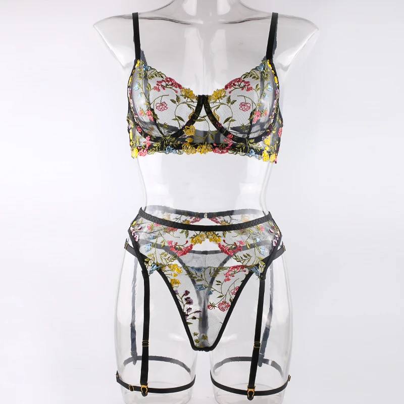 Ellolace Lingerie Sensual Lace Underwear Transparent Embroidery 3-Piece Garters Fancy Beautiful Short Skin Care Kits Intimate