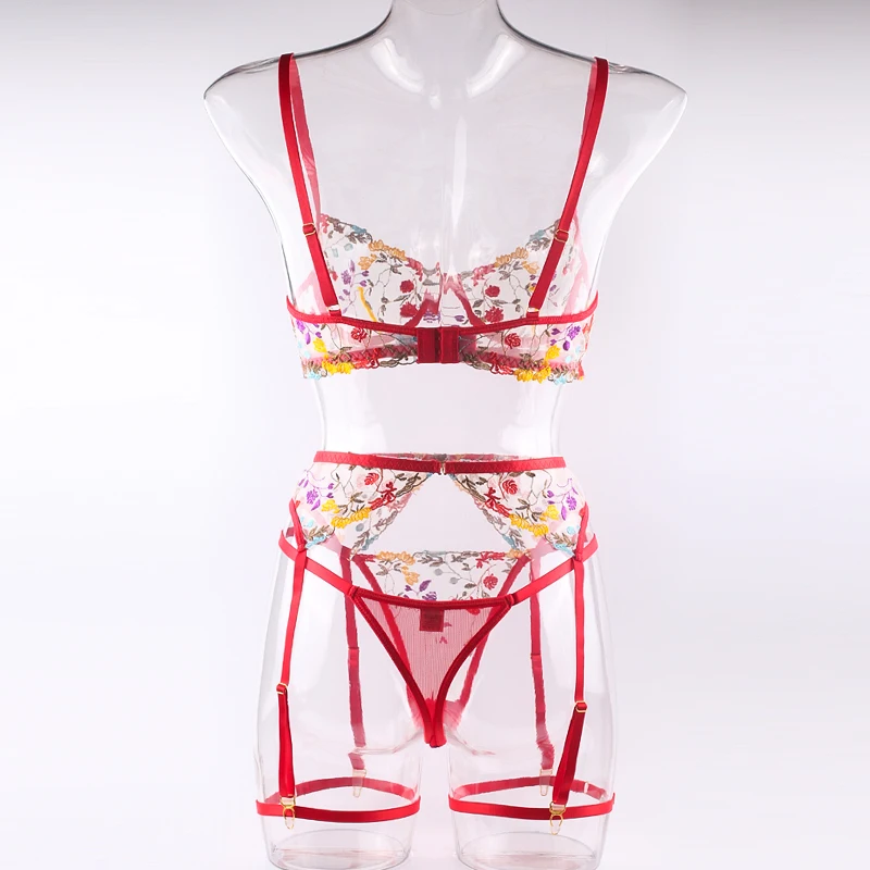 Ellolace Lingerie Sensual Lace Underwear Transparent Embroidery 3-Piece Garters Fancy Beautiful Short Skin Care Kits Intimate