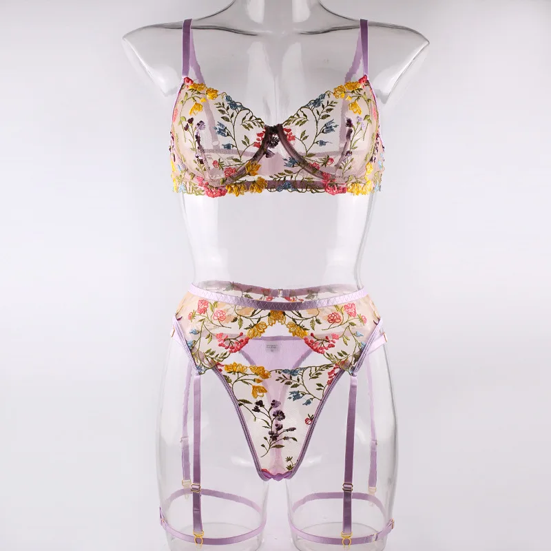 Ellolace Lingerie Sensual Lace Underwear Transparent Embroidery 3-Piece Garters Fancy Beautiful Short Skin Care Kits Intimate