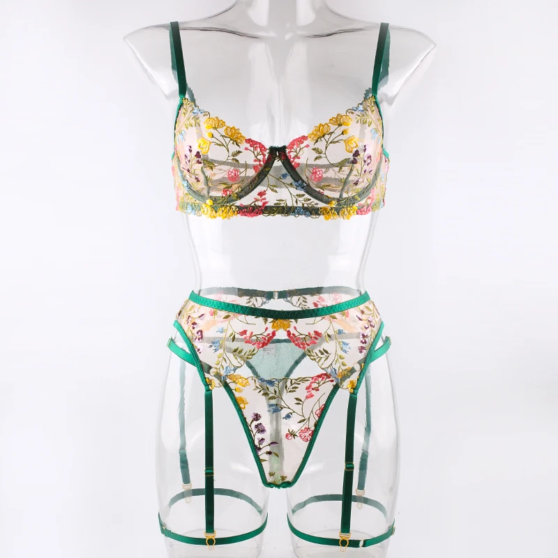 Ellolace Lingerie Sensual Lace Underwear Transparent Embroidery 3-Piece Garters Fancy Beautiful Short Skin Care Kits Intimate