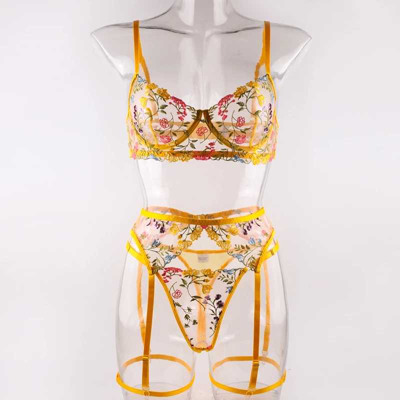 Ellolace Lingerie Sensual Lace Underwear Transparent Embroidery 3-Piece Garters Fancy Beautiful Short Skin Care Kits Intimate