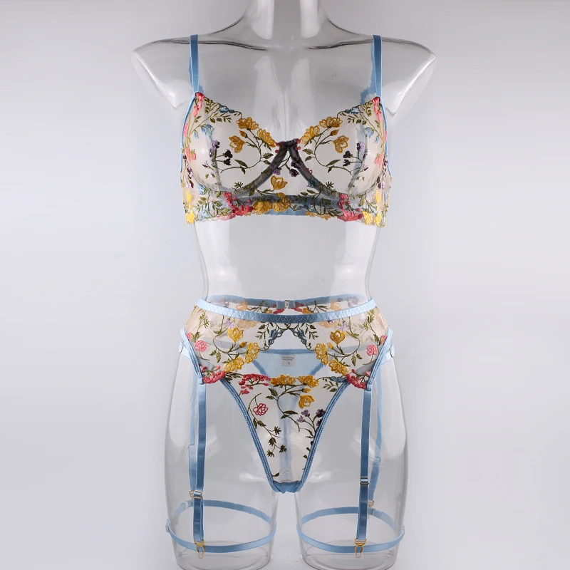 Ellolace Lingerie Sensual Lace Underwear Transparent Embroidery 3-Piece Garters Fancy Beautiful Short Skin Care Kits Intimate