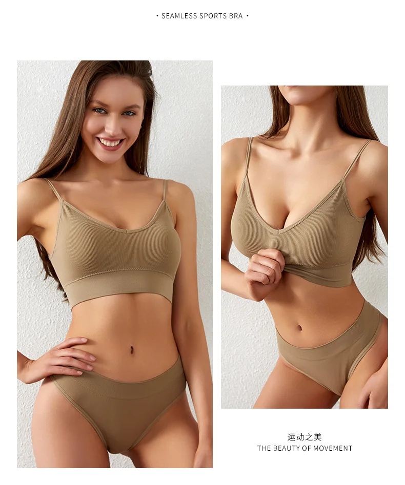 Women Seamless Bra Set Sexy Thong Low Waist Panties Sports Bralette Wire Free Lingerie Brassiere Cotton Female Underwear 2 Pcs