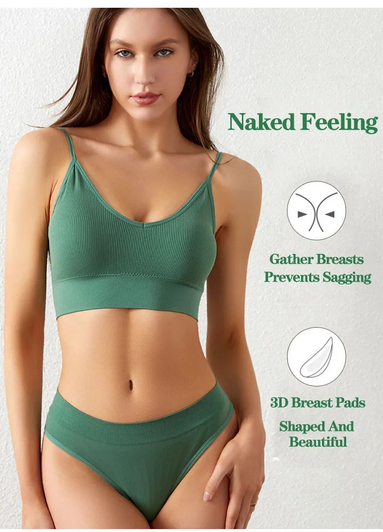 Women Seamless Bra Set Sexy Thong Low Waist Panties Sports Bralette Wire Free Lingerie Brassiere Cotton Female Underwear 2 Pcs