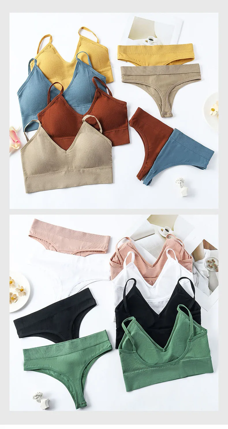 Women Seamless Bra Set Sexy Thong Low Waist Panties Sports Bralette Wire Free Lingerie Brassiere Cotton Female Underwear 2 Pcs