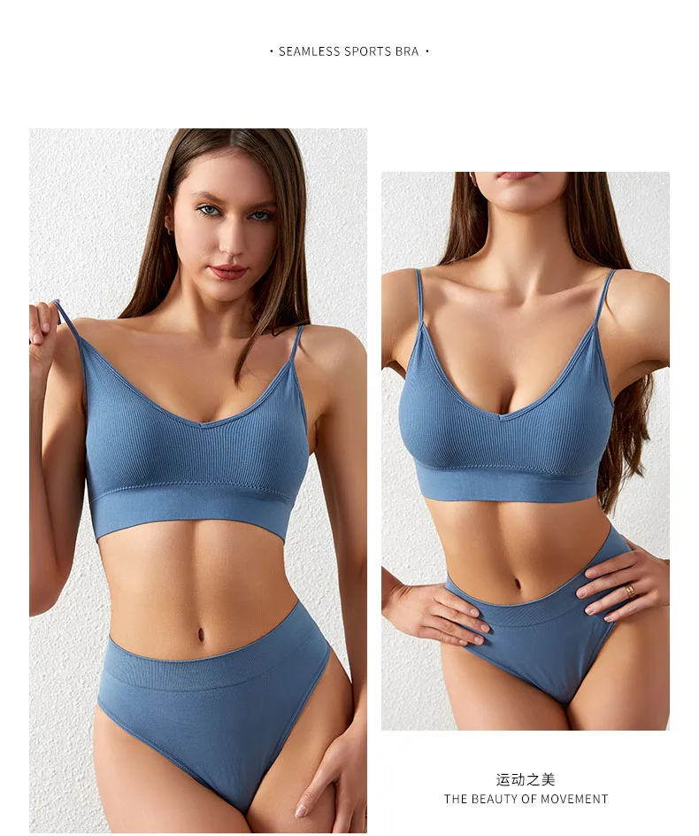 Women Seamless Bra Set Sexy Thong Low Waist Panties Sports Bralette Wire Free Lingerie Brassiere Cotton Female Underwear 2 Pcs