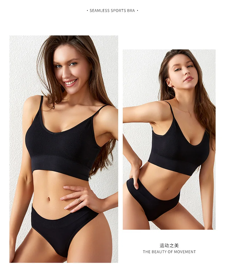 Women Seamless Bra Set Sexy Thong Low Waist Panties Sports Bralette Wire Free Lingerie Brassiere Cotton Female Underwear 2 Pcs