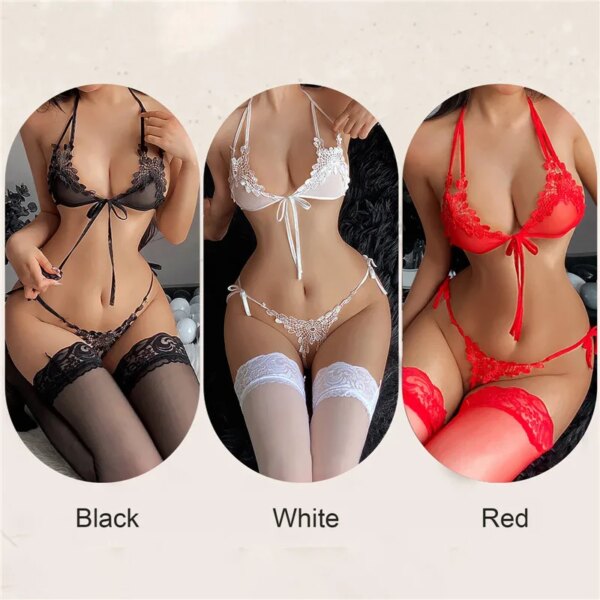 2023 New Sexy Lingerie Fancy Porn Bra Set Woman 2 Pieces Transparent Women's Lace Panties Erotic Beautiful Bra And Thong Set