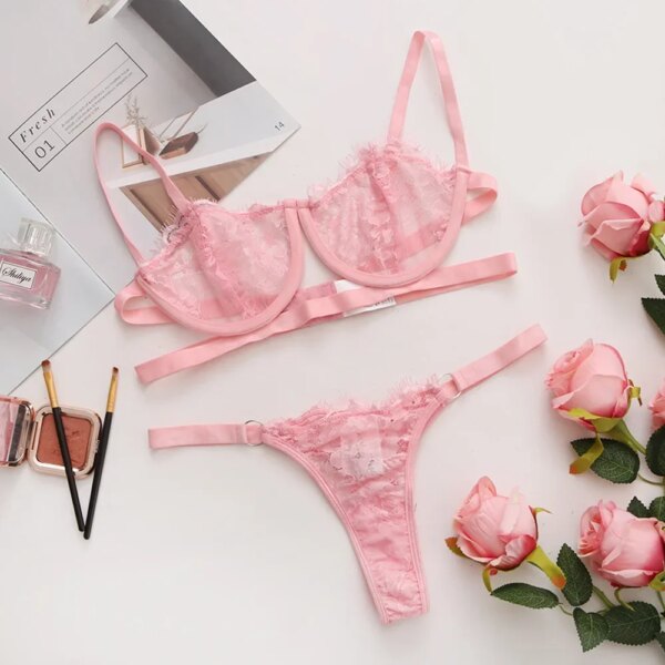 Sexy Lingerie Woman Lace Transparent Underwear Fairy Embroidery Brief Sets Delicate Bra Kit Push Up Breves Sets Erotic Bra