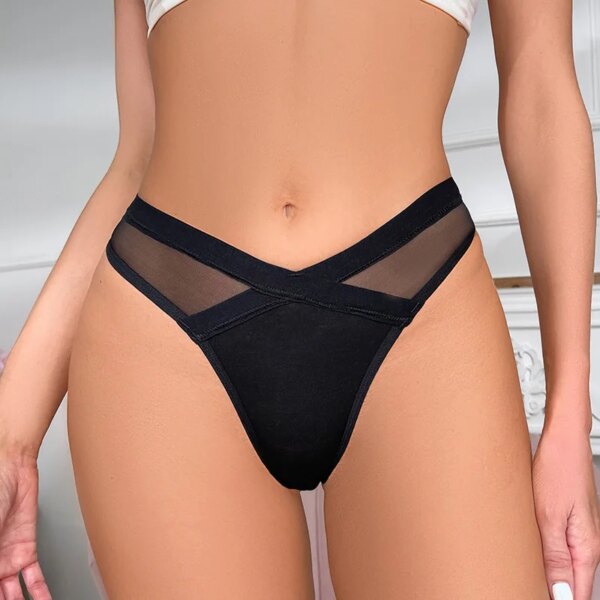 Women Sexy Thong Low Waist Mesh Solid Color Transparent Panties Cotton Crotch Sexy Lingerie  G String Women