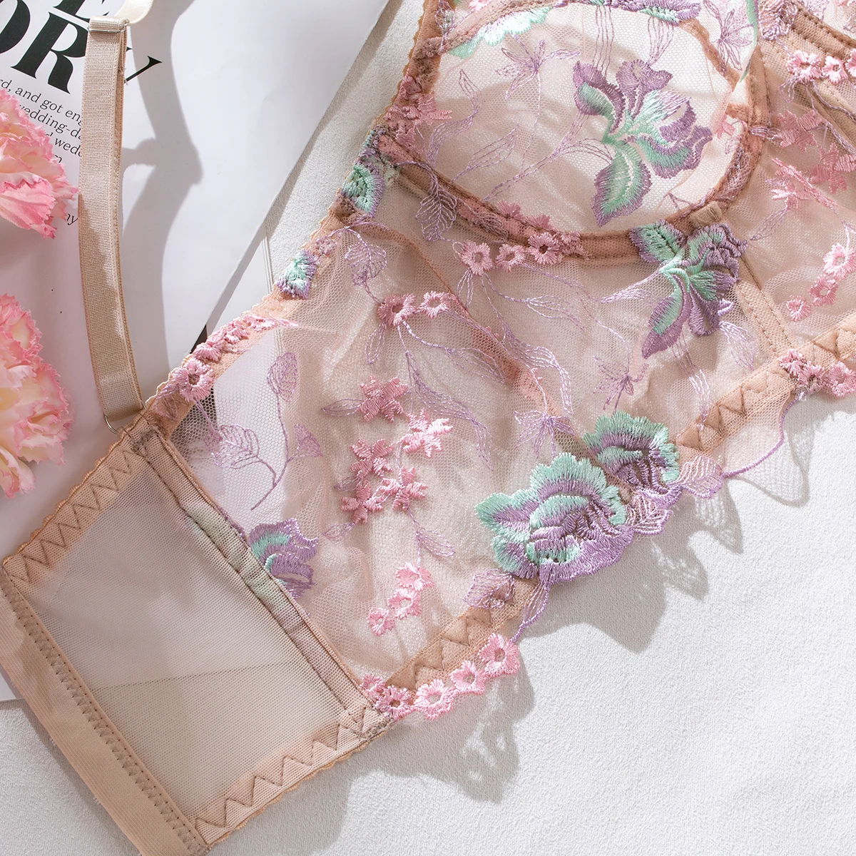 Yimunancy Floral Embroidery Lingerie Set Women Boho Intimates Sensual Sexy 2-Piece Bra + Panty Underwear Set Yimunancy Floral Embroidery Lingerie Set Women Boho Intimates Sensual Sexy 2-Piece Bra + Panty Underwear Set