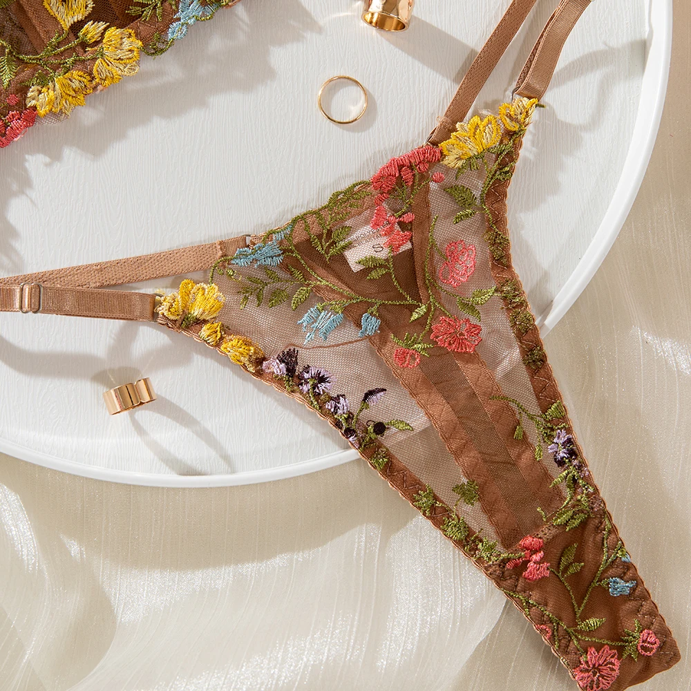 Yimunancy Floral Embroidery Lingerie Set Women Boho Intimates Sensual Sexy 2-Piece Bra + Panty Underwear Set Yimunancy Floral Embroidery Lingerie Set Women Boho Intimates Sensual Sexy 2-Piece Bra + Panty Underwear Set