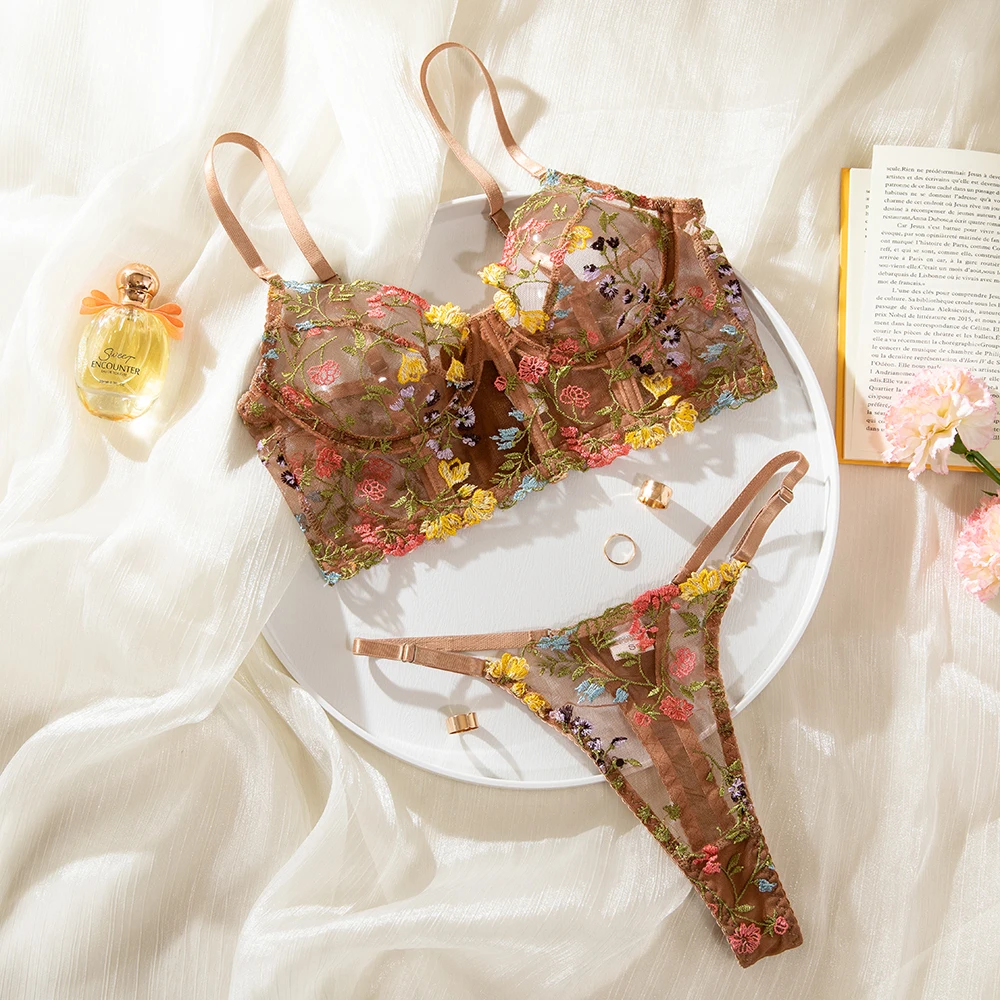 Yimunancy Floral Embroidery Lingerie Set Women Boho Intimates Sensual Sexy 2-Piece Bra + Panty Underwear Set Yimunancy Floral Embroidery Lingerie Set Women Boho Intimates Sensual Sexy 2-Piece Bra + Panty Underwear Set