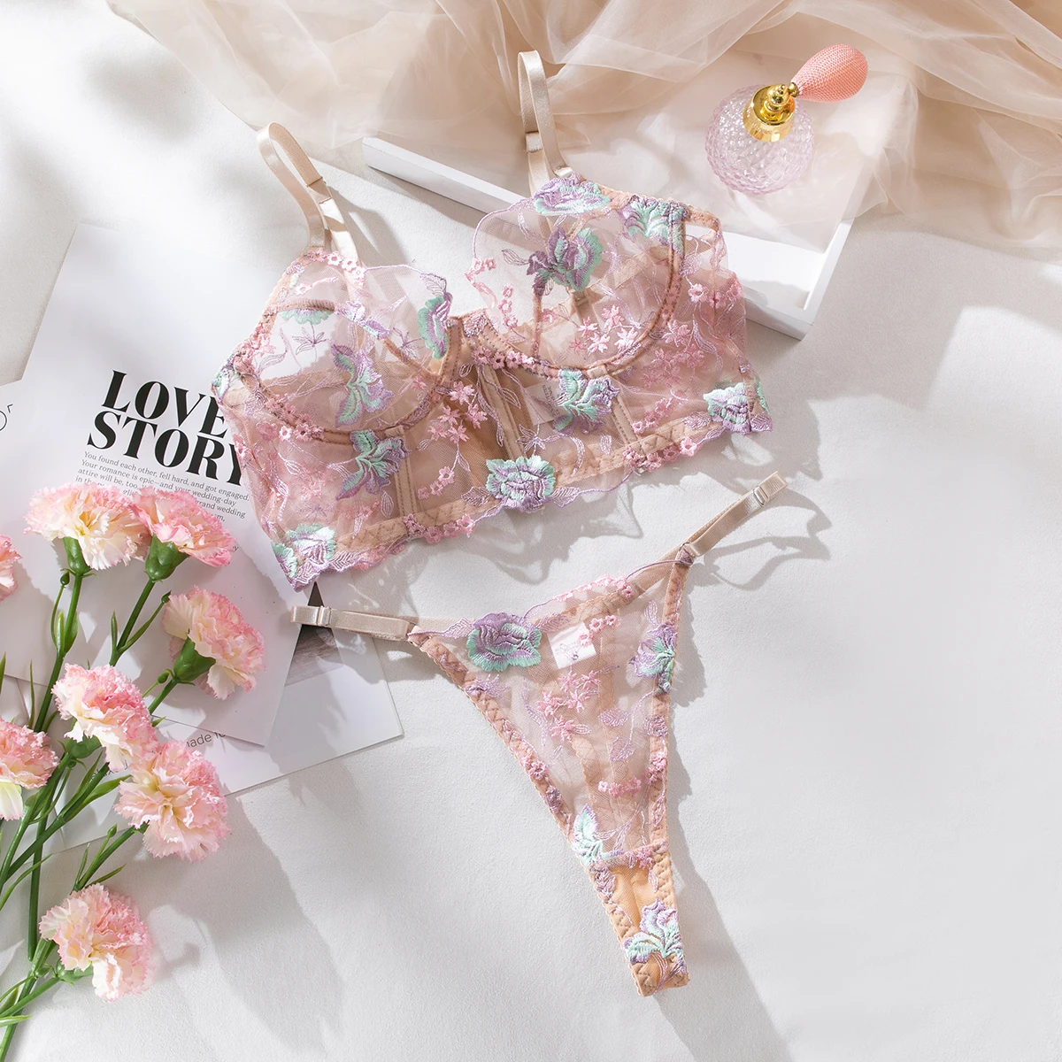 Yimunancy Floral Embroidery Lingerie Set Women Boho Intimates Sensual Sexy 2-Piece Bra + Panty Underwear Set Yimunancy Floral Embroidery Lingerie Set Women Boho Intimates Sensual Sexy 2-Piece Bra + Panty Underwear Set