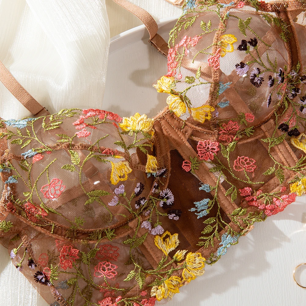 Yimunancy Floral Embroidery Lingerie Set Women Boho Intimates Sensual Sexy 2-Piece Bra + Panty Underwear Set Yimunancy Floral Embroidery Lingerie Set Women Boho Intimates Sensual Sexy 2-Piece Bra + Panty Underwear Set