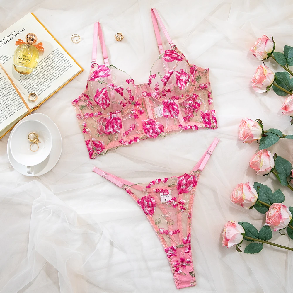 Yimunancy Floral Embroidery Lingerie Set Women Boho Intimates Sensual Sexy 2-Piece Bra + Panty Underwear Set Yimunancy Floral Embroidery Lingerie Set Women Boho Intimates Sensual Sexy 2-Piece Bra + Panty Underwear Set