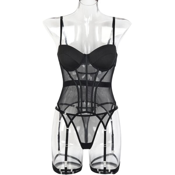 Mesh  Lingerie Luxury Brand Bodysuit Backless Tops for Women 3 Piece Lingerie Set with Garter Sexydresses for Women