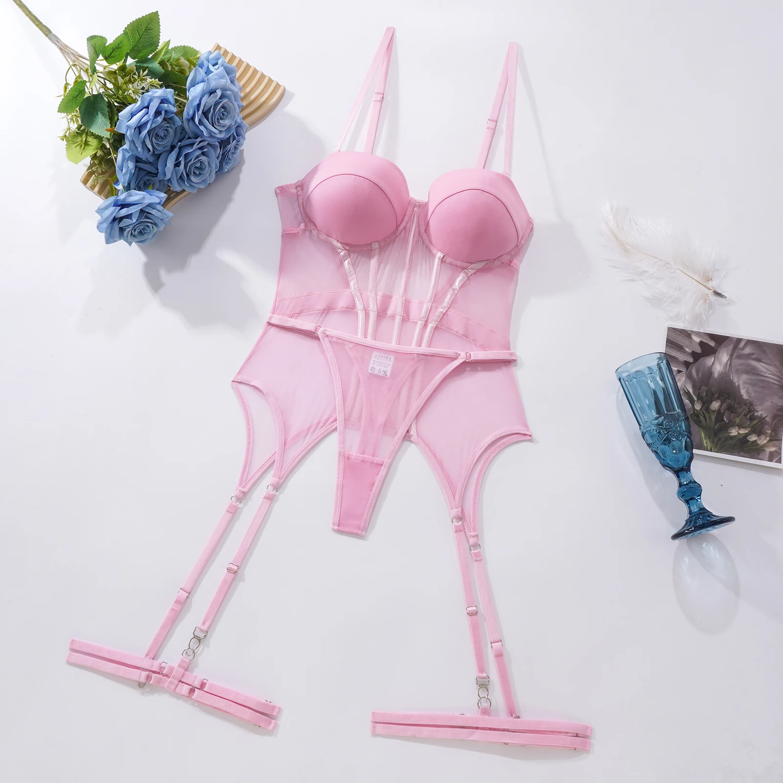 MUZISKAT Mesh Lingerie Luxury Brand Bodysuit Backless Tops for Women 3 Piece Lingerie Set with Garter Sexydresses for Women