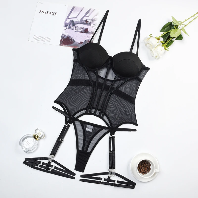 MUZISKAT Mesh Lingerie Luxury Brand Bodysuit Backless Tops for Women 3 Piece Lingerie Set with Garter Sexydresses for Women