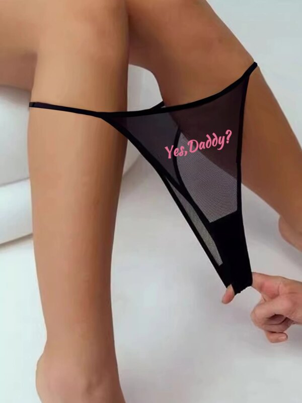 See-through Thong Sexy Fashion G-String Panties Women Mesh T-back Underwear Yes Daddy Prints Lingerie