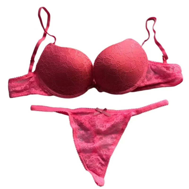 Cotton Deep V Lace Surface Push Up Sexy Bra Panty Sets Matching Bow G-string Comfortable Underwear Women Lingerie Set Intimates