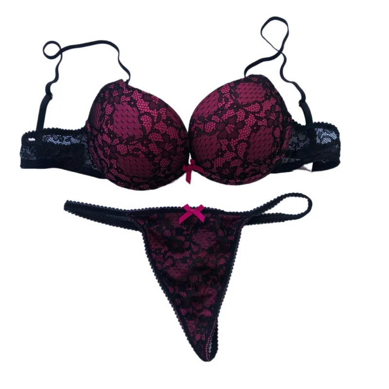 Cotton Deep V Lace Surface Push Up Sexy Bra Panty Sets Matching Bow G-string Comfortable Underwear Women Lingerie Set Intimates