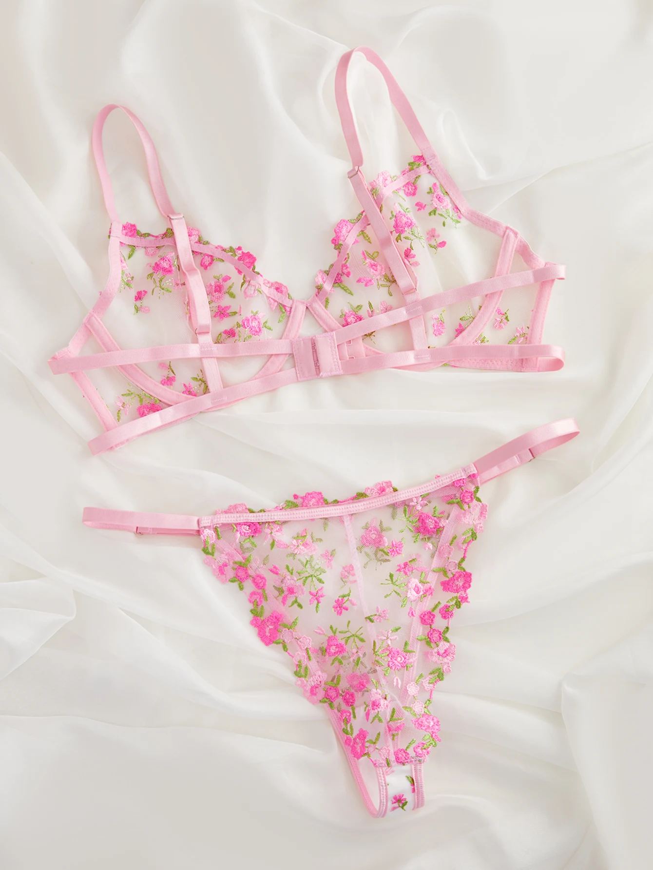 2-Piece Lace Bra Set Women Floral Embroidery Underwear Set Transparent Pink Panty Set 2023 Lingerie Set For Women