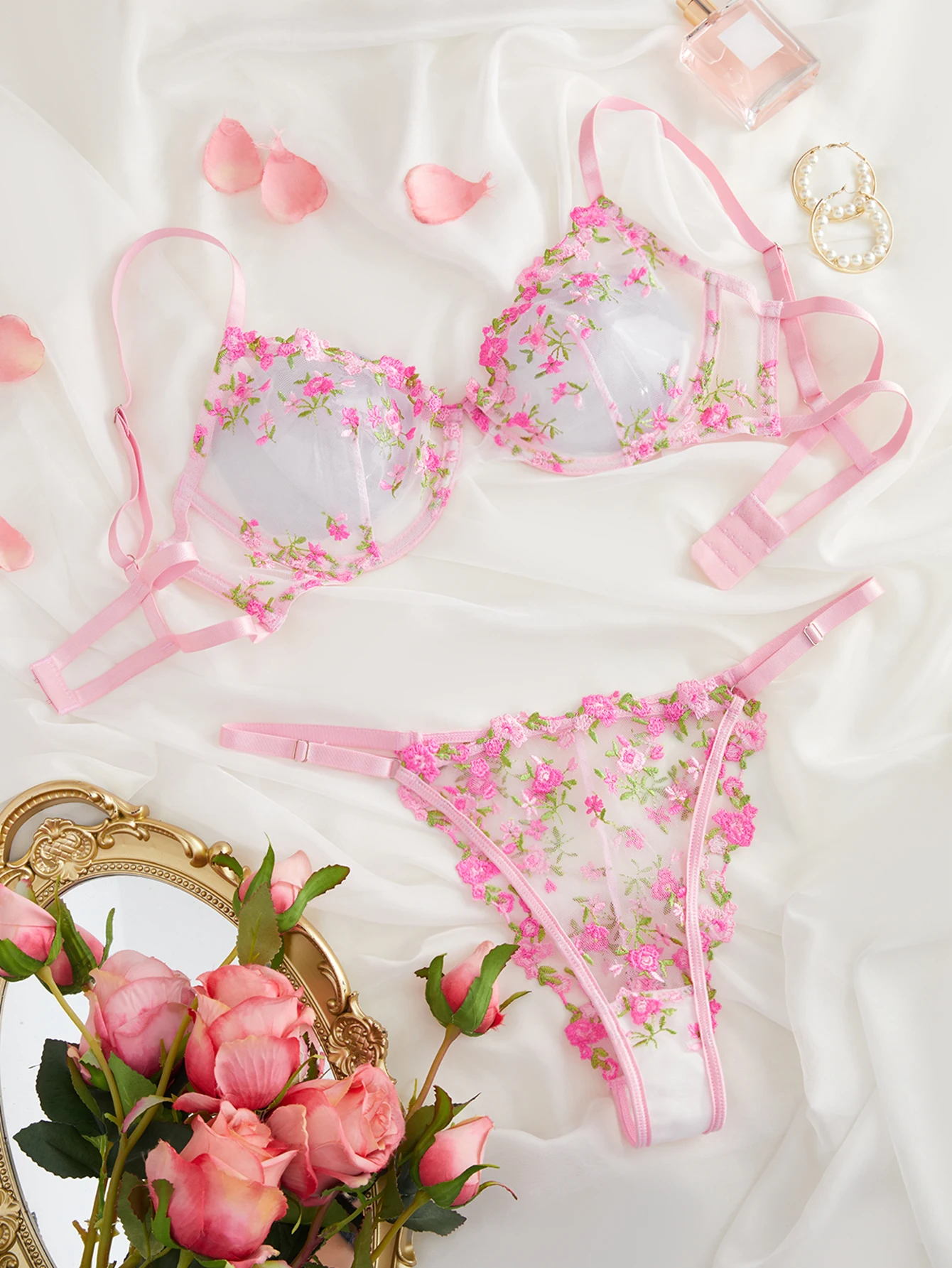 2-Piece Lace Bra Set Women Floral Embroidery Underwear Set Transparent Pink Panty Set 2023 Lingerie Set For Women