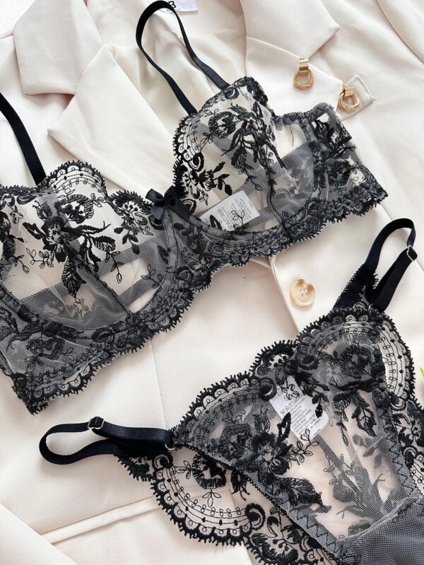 Floral Embroidery Lingerie Set Women Sheer Bra + Brief Underwear Set Back Sexy Intimates
