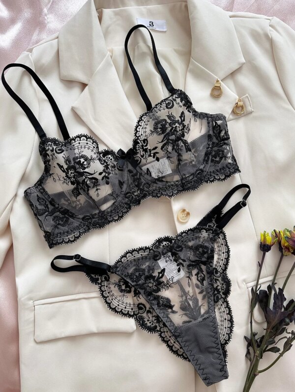 Floral Embroidery Lingerie Set Women Sheer Bra + Brief Underwear Set Back Sexy Intimates