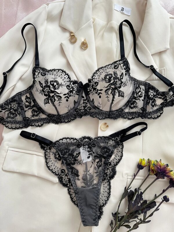 Floral Embroidery Lingerie Set Women Sheer Bra + Brief Underwear Set Back Sexy Intimates