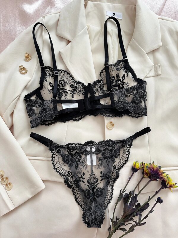 Floral Embroidery Lingerie Set Women Sheer Bra + Brief Underwear Set Back Sexy Intimates
