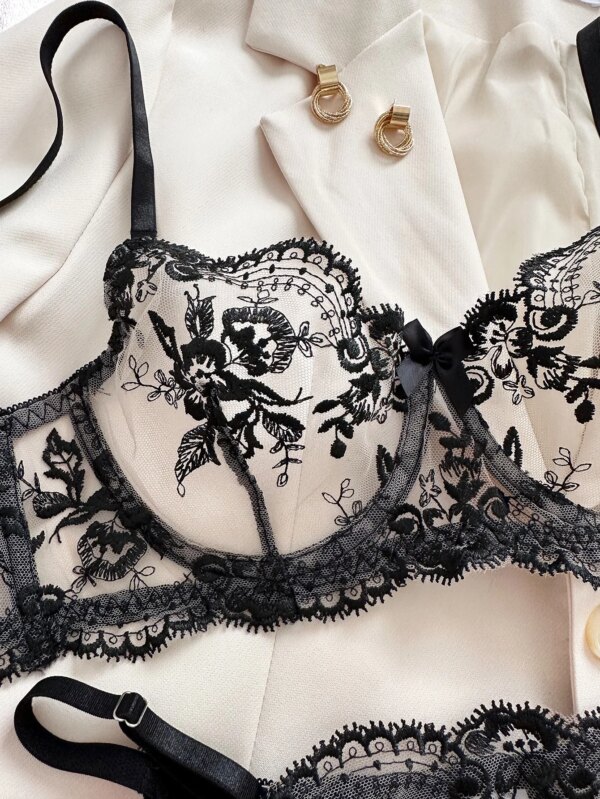 Floral Embroidery Lingerie Set Women Sheer Bra + Brief Underwear Set Back Sexy Intimates