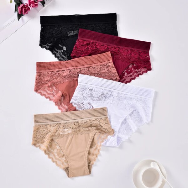 Sexy High Waisted Women's Underwear Elastic Breathable Panties Hollowed Out Embroidery Summer Cool Lingerie Solid Color Fashion