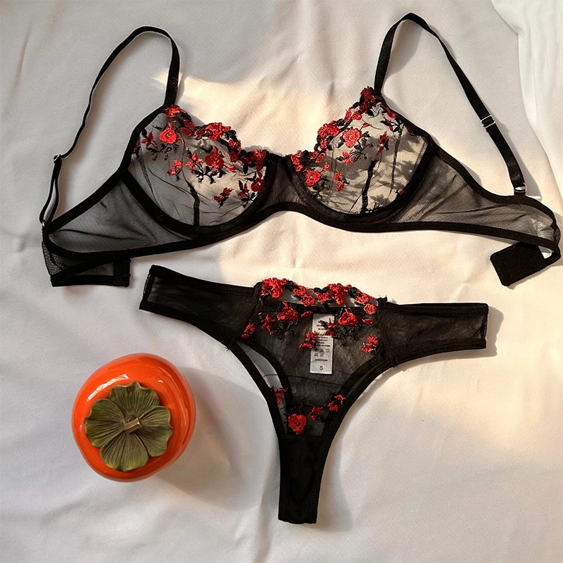 Sexy Underwear For Women Transparent Embroidered Small Flowers Bra Hot Lingerie Panties Intimates Woman Two Piece Set Clothing Sexy Underwear For Women Transparent Embroidered Small Flowers Bra Hot Lingerie Panties Intimates Woman Two Piece Set Clothing