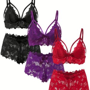 Plus Size Sexy Lingerie Set Women's Plus Floral Lace Scalloped Trim Bow Front Strappy Bra & Panty Lingerie