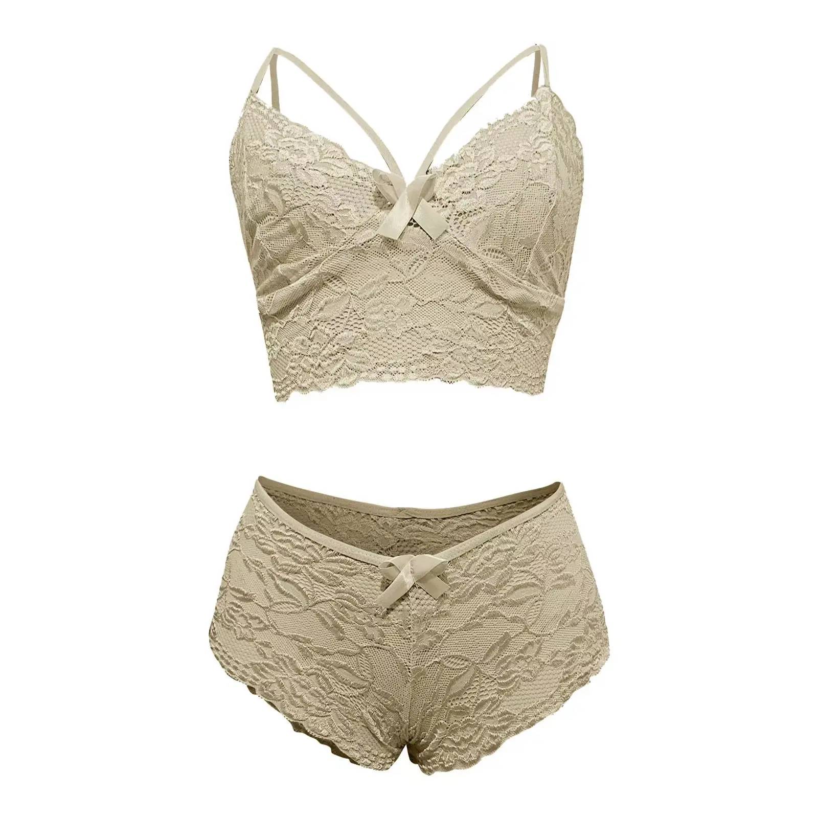 Plus Size Sexy Lingerie Set Women's Plus Floral Lace Scalloped Trim Bow Front Strappy Bra & Panty Lingerie