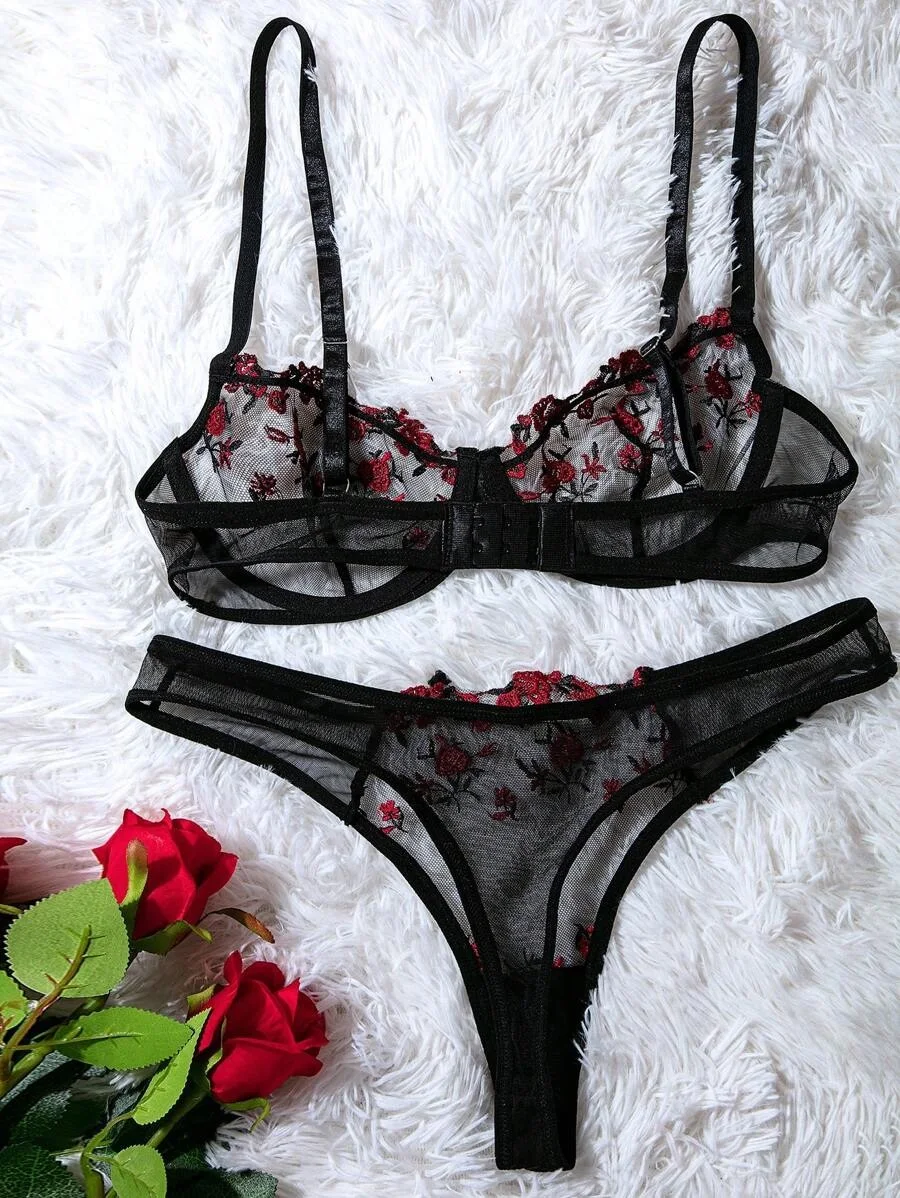 New Transparent Lace Bra Women Sheer Temptation Exotic Sexy Lingerie Set Ladies Embroidery Floral Bras Underwear Sets Push Up