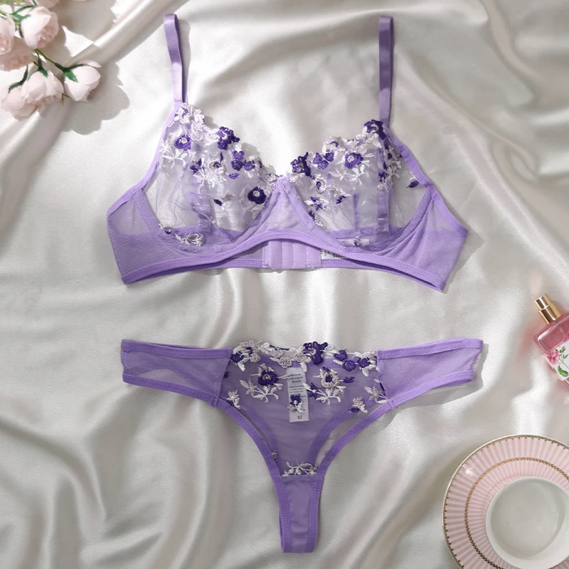New Transparent Lace Bra Women Sheer Temptation Exotic Sexy Lingerie Set Ladies Embroidery Floral Bras Underwear Sets Push Up