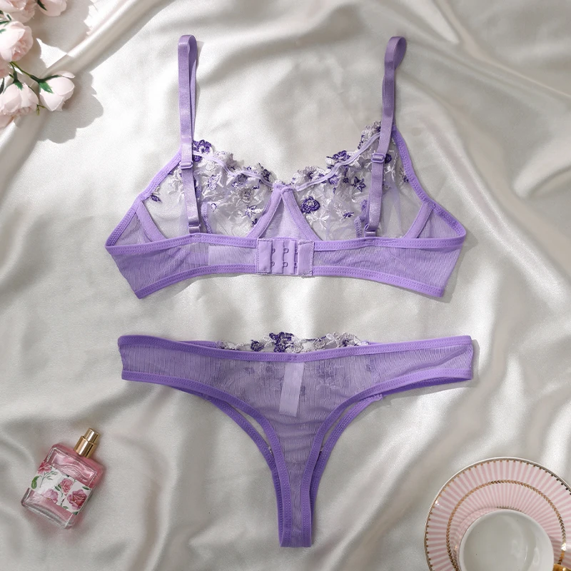 New Transparent Lace Bra Women Sheer Temptation Exotic Sexy Lingerie Set Ladies Embroidery Floral Bras Underwear Sets Push Up