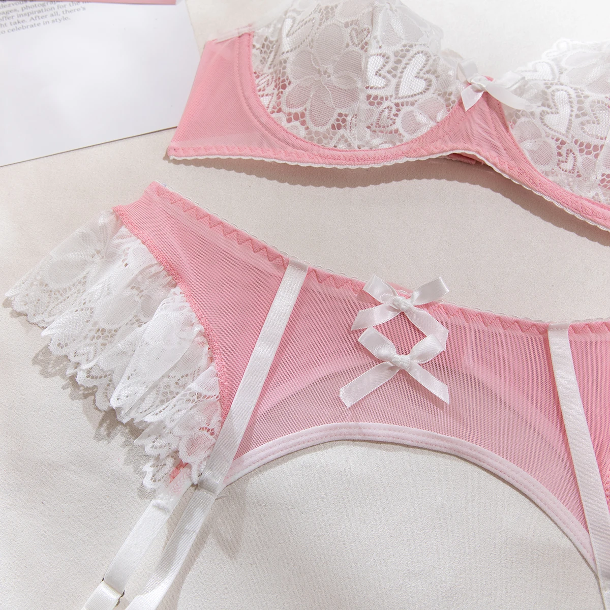 Yimunancy Bow Choker Maid Lace Patchwork Lingerie Set Women 5-Piece Ruched Ball Brief Garter Kit
