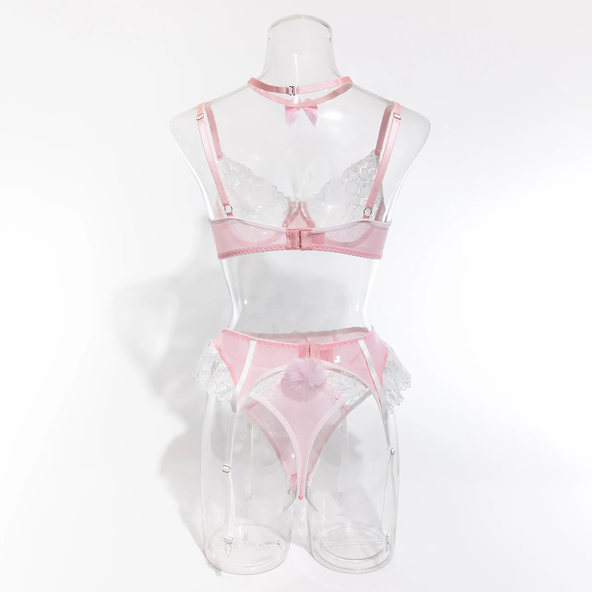 Yimunancy Bow Choker Maid Lace Patchwork Lingerie Set Women 5-Piece Ruched Ball Brief Garter Kit