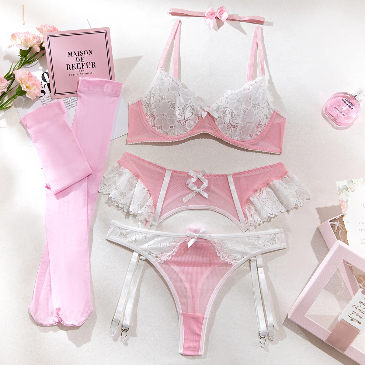 Yimunancy Bow Choker Maid Lace Patchwork Lingerie Set Women 5-Piece Ruched Ball Brief Garter Kit