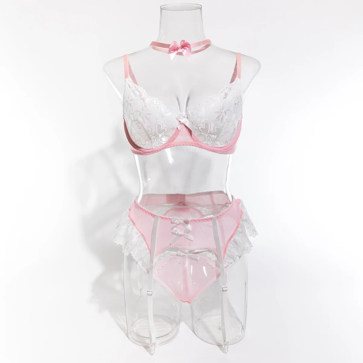 Yimunancy Bow Choker Maid Lace Patchwork Lingerie Set Women 5-Piece Ruched Ball Brief Garter Kit