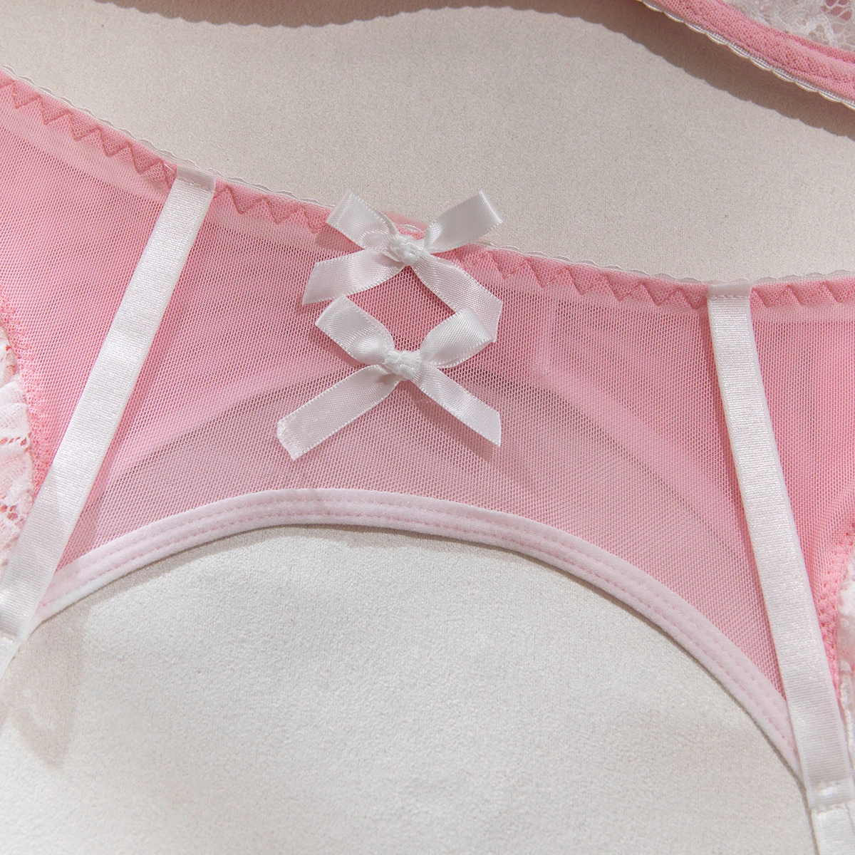 Yimunancy Bow Choker Maid Lace Patchwork Lingerie Set Women 5-Piece Ruched Ball Brief Garter Kit