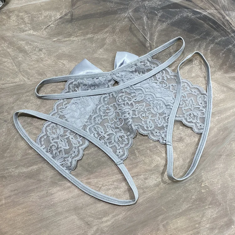 Hot Sale Women's Sexy Hollow Out Thong Lingerie Open Crotch Underwear Lady's Crotchless Lace Panties With Bow Plus Size M - XXL
